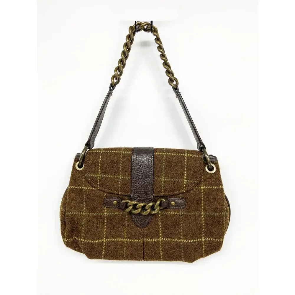 J. Crew 100% Wool Brown Window Pane Check Chain and Leather Trim Shoulder Bag